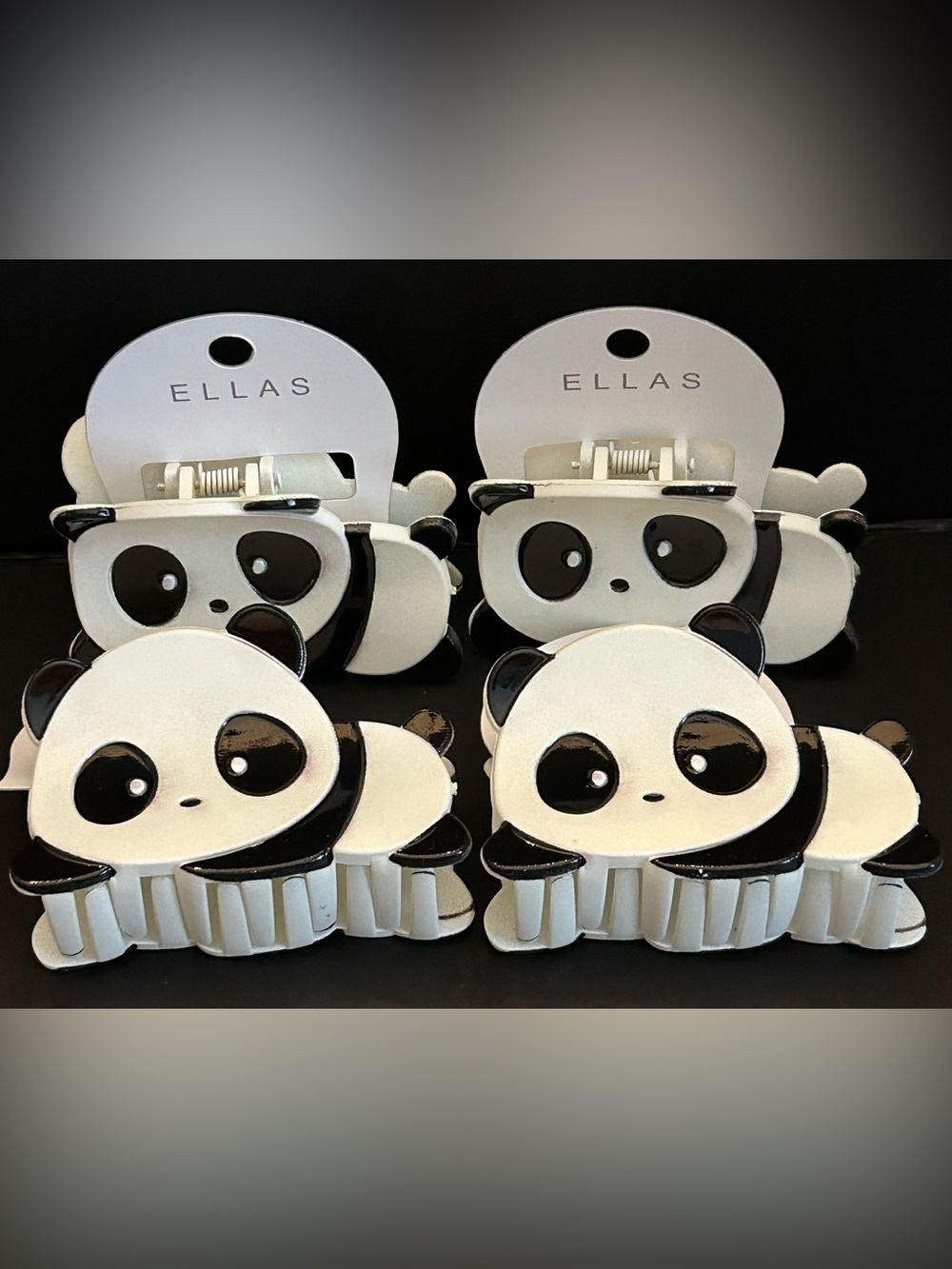 SET of 4 Four- White & Black Panda Hair Claw Clips